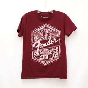 Fender Burgundy T-Shirt Women Short sleeve Rock Guitar Tee S small logo retro